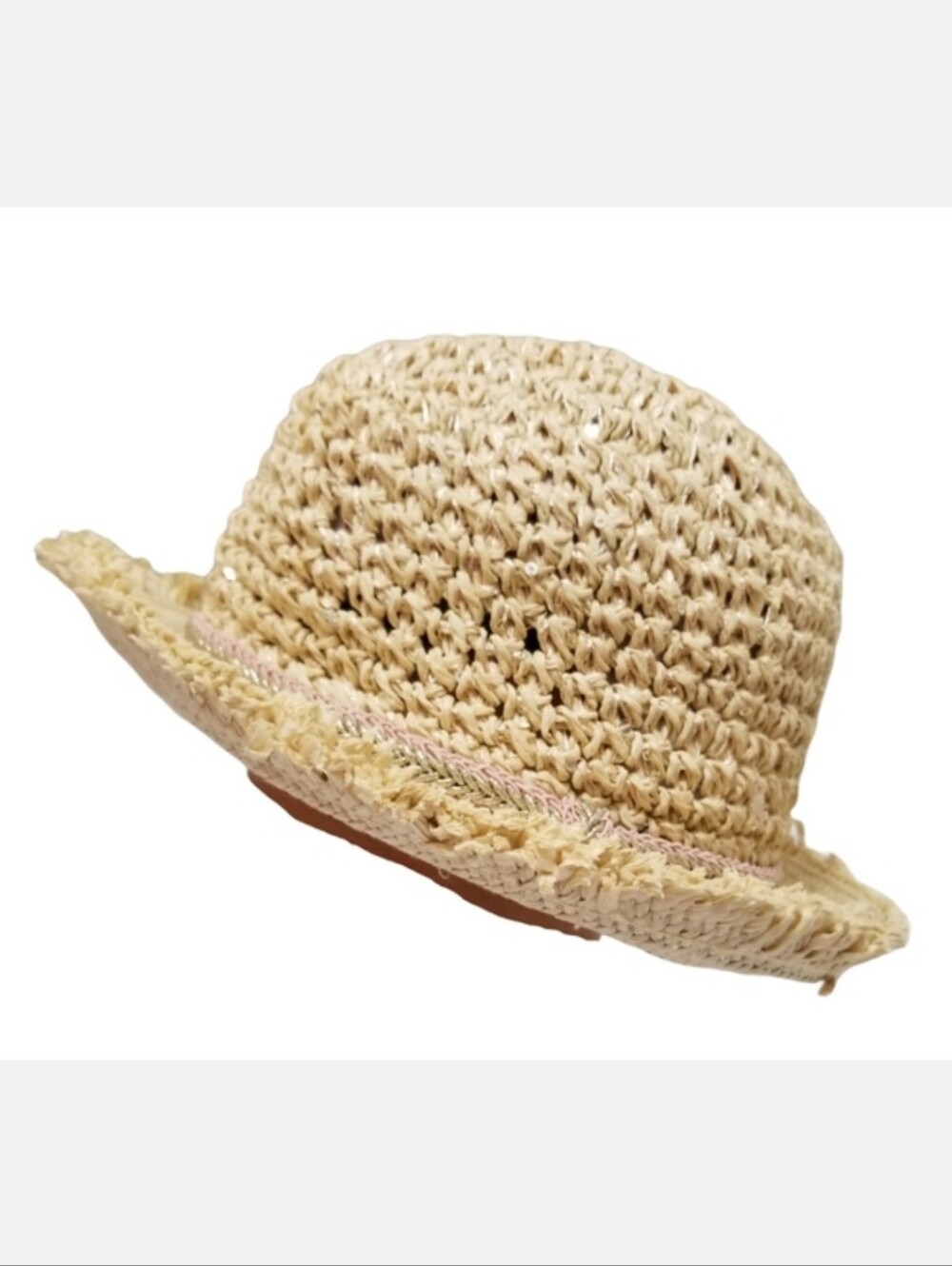 Primark Natural Tone Paper Blend Fashion Sun Hat with Pink & Silver Braid Detail